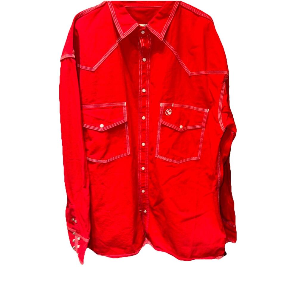 Western Welder Shirt Mens 3XL Red Canvas Pearl Snap Triple Stitch Workwear EUC